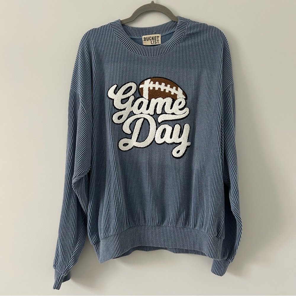 Bucket List Vintage Blue Wash Thermal Game Day Sparkle Football Pullover Sweater